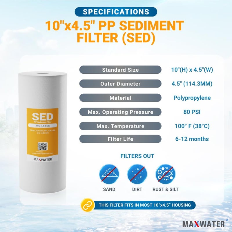 Max Water فلتر مياه كامل للمنزل 5 ميكرون 10 × 4.5 بوصة | خراطيش استبدال فلتر مياه بئر من بولي بروبيلين مصهور لـ DGD-5005، AP810، SDC-45-1001، GXWH30C، PP10BB (20 عبوة) - Image 2